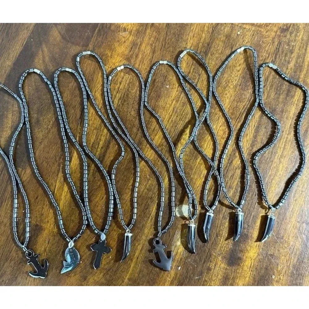 8Pc Hematite Pendant Necklace Lot Horn Cross Anchor Fish Beaded Boho